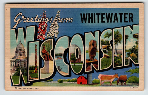Greetings From Whitewater Wisconsin Large Big Letter Postcard Curt Teich Unused