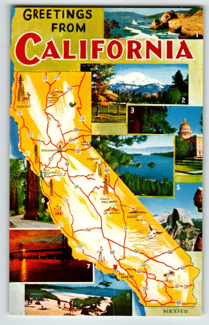 Greetings From California Map Postcard Chrome State Unused Coast Beaches Lakes