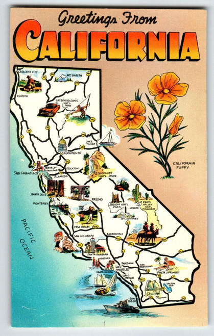 Postcard Greetings From California Map Chrome Unposted Poppy Flower Ocean Boats