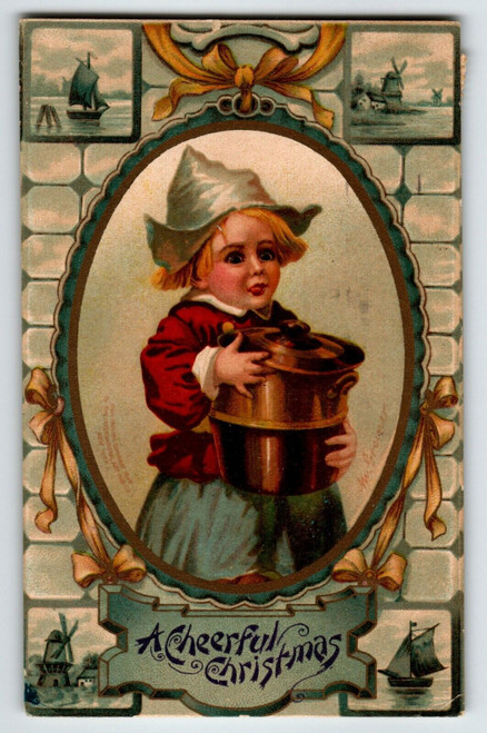 Christmas Postcard Child Dutch Girl Sailboat Windmill Bricks M Greiner 1912