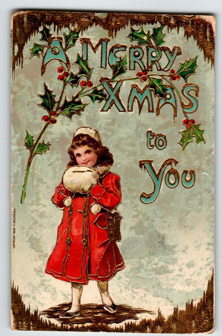 Christmas Postcard Embossed Gold Trim Girl Muff 1909 F Beuthen Gel Coat Germany