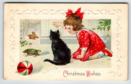 Christmas Postcard Black Cat Girl Toys Turtle On Wheels Stecher 1914 Series 338