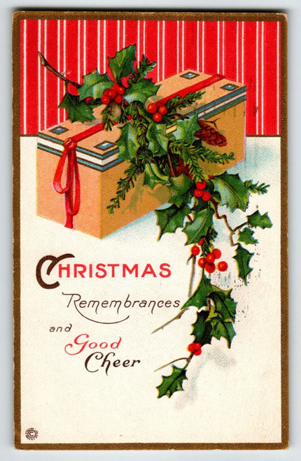 Christmas Postcard Wrapped Gift Stripes Poinsettia Leaves Greetings 1920 Stecher