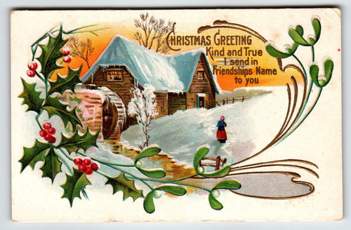 Christmas Postcard Winter Scene Frozen Water Wheel Country Cottage Unused 224