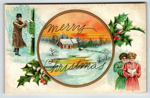 Christmas Postcard US Mailbox Women Man Winter Scene Country Cottage Unused