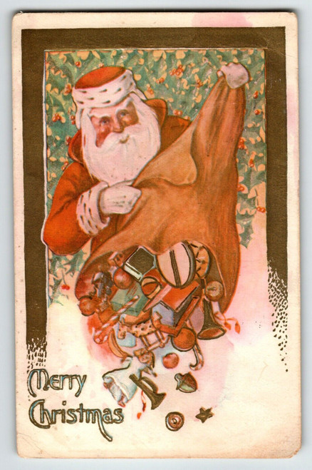 Santa Claus Christmas Postcard Pouring Toys From Sack 1908 Vintage Embossed