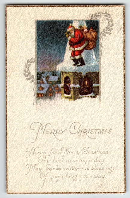 Santa Claus Christmas Postcard Standing On Church Bell Tower Town Village 1922