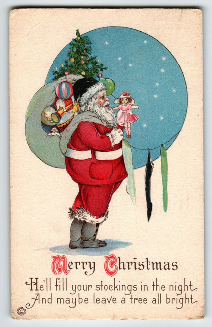 Santa Claus Christmas Postcard He'll Fill Your Stockings Blue Planet Stars 1919