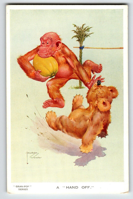 Monkey Bear Playing Football Postcard Larson Wood Signed Fantasy Anthropomorphic