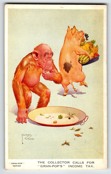 Monkey Pig Steals Food Plate Postcard Larson Wood Signed Fantasy Anthropomorphic