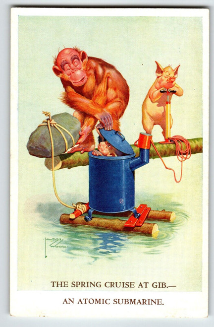 Monkey Chimp Pig Submarine Postcard Larson Wood Signed Fantasy Anthropomorphic