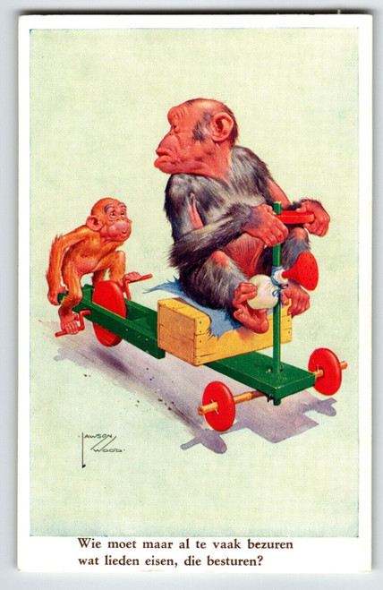 Monkey Chimps On Wood Cycle Postcard Larson Wood Signed Fantasy Anthropomorphic