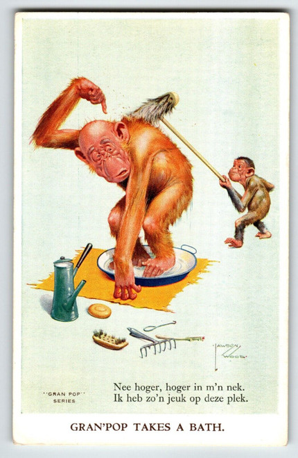 Monkey Chimp Scrubs Dad Bath Postcard Larson Wood Signed Fantasy Anthropomorphic