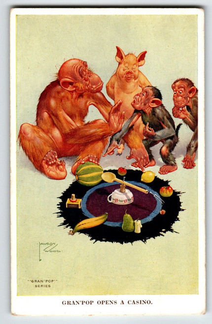 Monkey Pig Casino Wheel Game Postcard Larson Wood Signed Fantasy Anthropomorphic