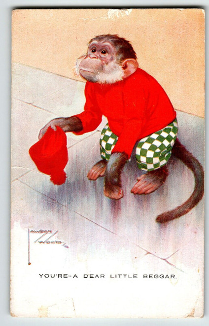 Dressed Monkey Chimp Postcard Larson Wood Signed Fantasy Anthropomorphic Unused