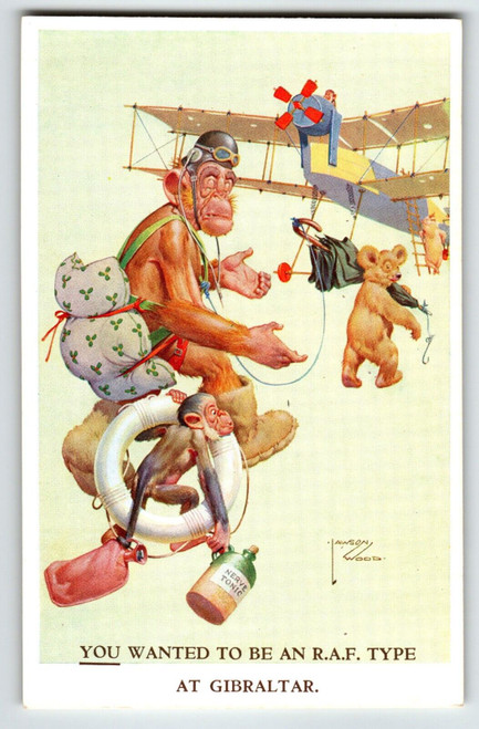 Monkey Pilot Airplane Bear Postcard Larson Wood Signed Fantasy Anthropomorphic