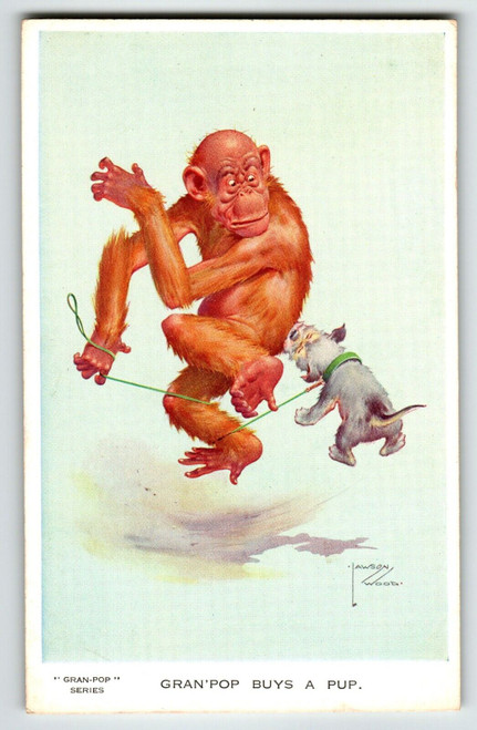 Monkey Chimp Buys Puppy Dog Postcard Larson Wood Signed Fantasy Anthropomorphic