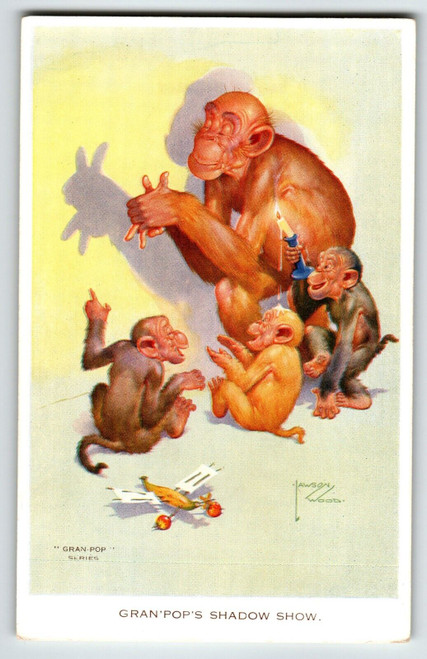 Monkey Chimps Shadow Puppets Postcard Larson Wood Signed Fantasy Anthropomorphic