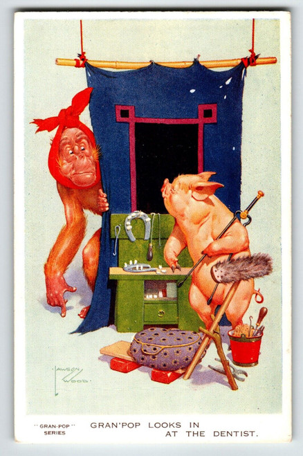 Monkey Pig Dentist Toothache Postcard Larson Wood Signed Fantasy Anthropomorphic