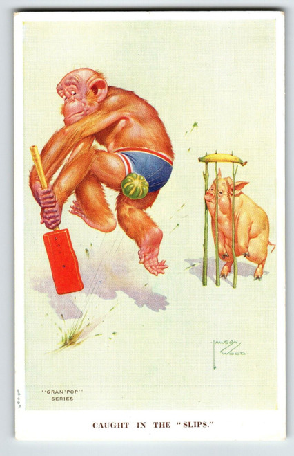 Monkey Pig Play Paddle Ball Postcard Larson Wood Signed Fantasy Anthropomorphic