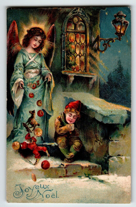Christmas Postcard Lovely Angel Spills Toys Stained Glass Window Child Religious
