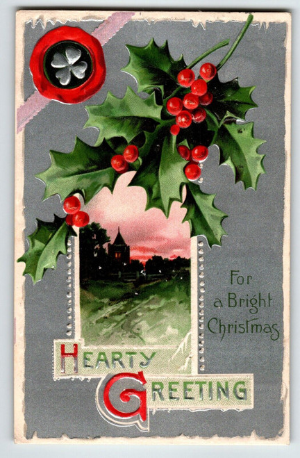 Christmas Postcard Church View Holly Leaves Embossed 3008 Greetings Germany 1910