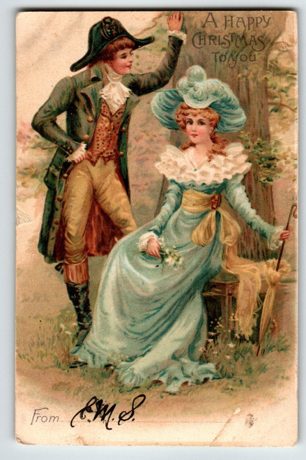 Christmas Postcard Victorian Man Women Fancy Dress Undivided Back Vintage 1905