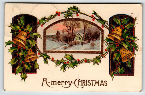 Christmas Postcard Cottage Bells Gold Trim Embossed Gel Germany 1910 Series 276
