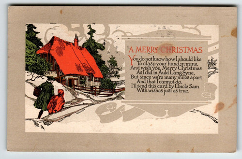 Christmas Postcard AM Davis 1919 Rustic Country Scene Vintage Cottage Trees