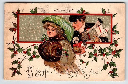 Christmas Postcard Victorian Women Muff Man Gifts Doll Bear Signed HB Griggs HBG