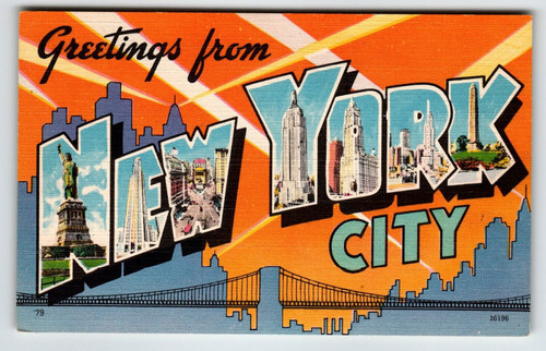 Greetings From Manhattan New York City Postcard NY Large Big Letter Linen Bridge