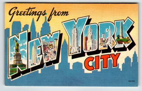 Greetings From Manhattan New York City Postcard NY Large Big Letter Linen Unused