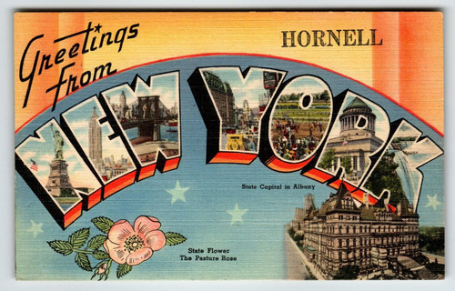 Greetings From Hornell New York Postcard NY Large Big Letter Linen Tichnor Bros