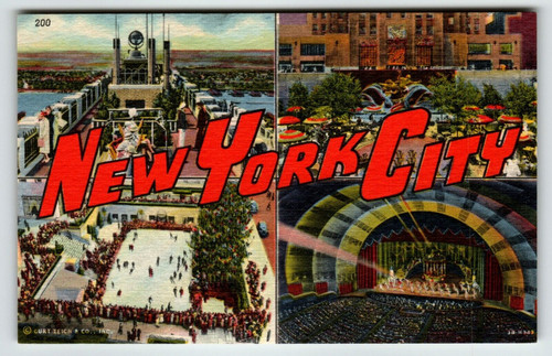 Greetings From New York City Postcard Ice Skating Rink NY Large Big Letter Linen