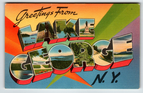 Greetings From Lake George New York Postcard NY Large Big Letter Linen 1956