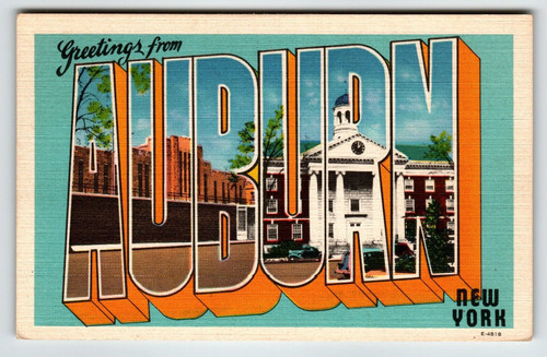 Greetings From Auburn New York Postcard NY Large Big Letter Linen City Vintage