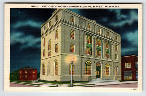 Post Office Government Building By Night Wilson North Carolina Postcard Unused