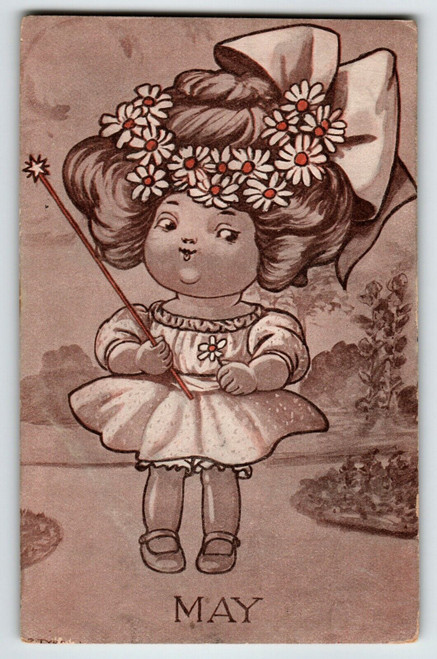 May Girl Child Postcard Holds Wand Flowers Artist Dodsworth AH Co Vintage 1909