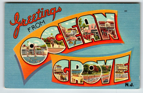 Greetings From Ocean Grove New Jersey Beach Boardwalk Large Letter Postcard 1951