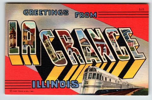 Greetings From La Grange Illinois Large Letter Linen Postcard Railroad Train