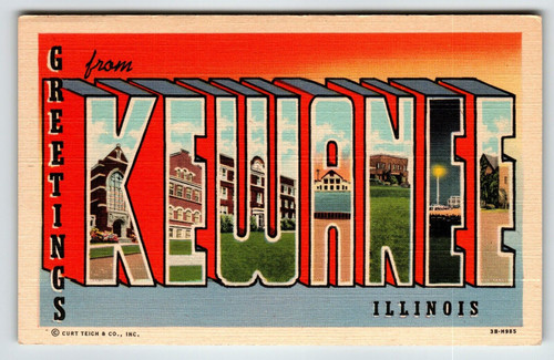 Greetings From Kewanee Illinois Large Letter Linen Postcard Curt Teich Unused