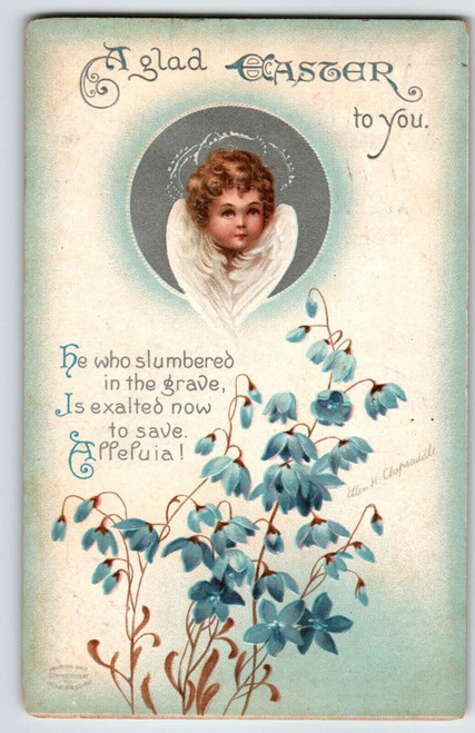 Easter Postcard Ellen Clapsaddle Cherub Angel Blue Flowers Embossed 1913