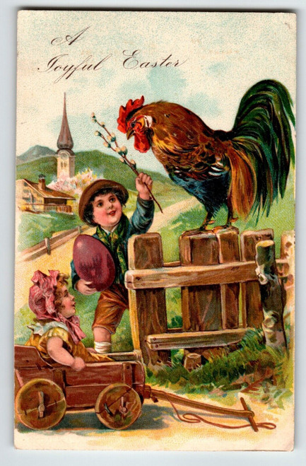 Easter Postcard Girl In Wood Cart Boy Church Rooster Large Egg Unused Embossed