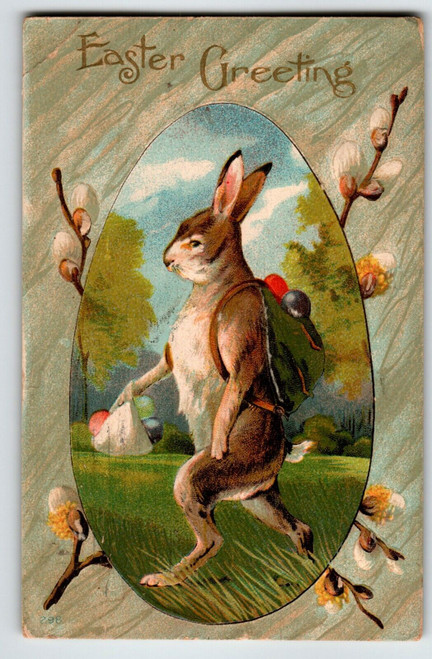 Easter Postcard Bunny With Back Pack Painted Eggs Fantasy Anthropomorphic 1911