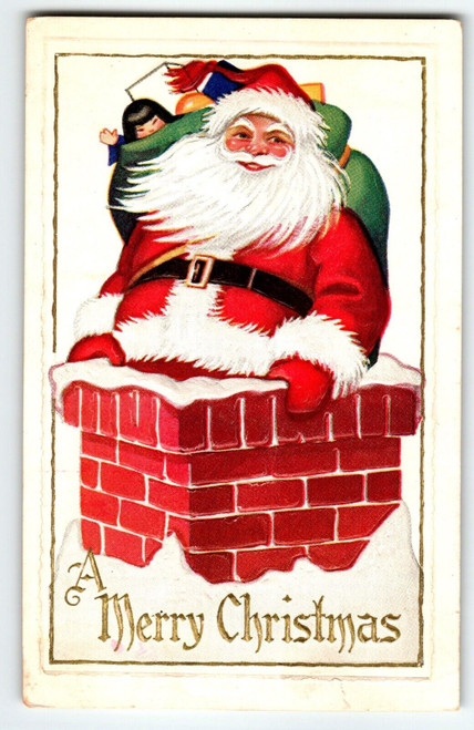 Santa Claus Christmas Postcard Jolly Ole Saint Nick In Chimney Top Embossed