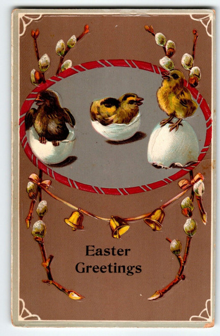 Easter Postcard Baby Chicks Gel Cracked Eggs Embossed Germany Unused Vintage