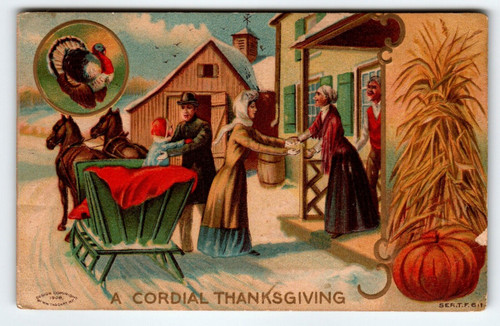 Thanksgiving Postcard Victorian Family country Cottages Horse Sled Pumpkin 1908