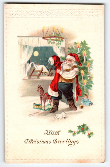 Santa Claus Christmas Postcard Saint Nick Puts On His Red Robe Moon Window 1915