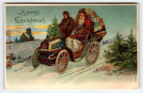 Santa Claus Christmas Postcard Jalopy Car Automobile Old World 1907 Church Snow