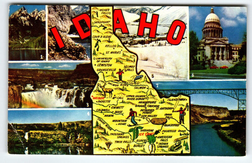 Postcard Idaho Map Chrome State Stanley Lake Hells Canyon Sun Valley Snake River